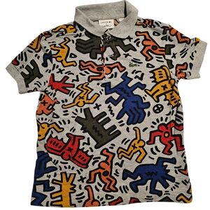 Lacoste x Keith Haring Polo Shirt Gray with Keith Haring Design Boy's Size 5 EUC